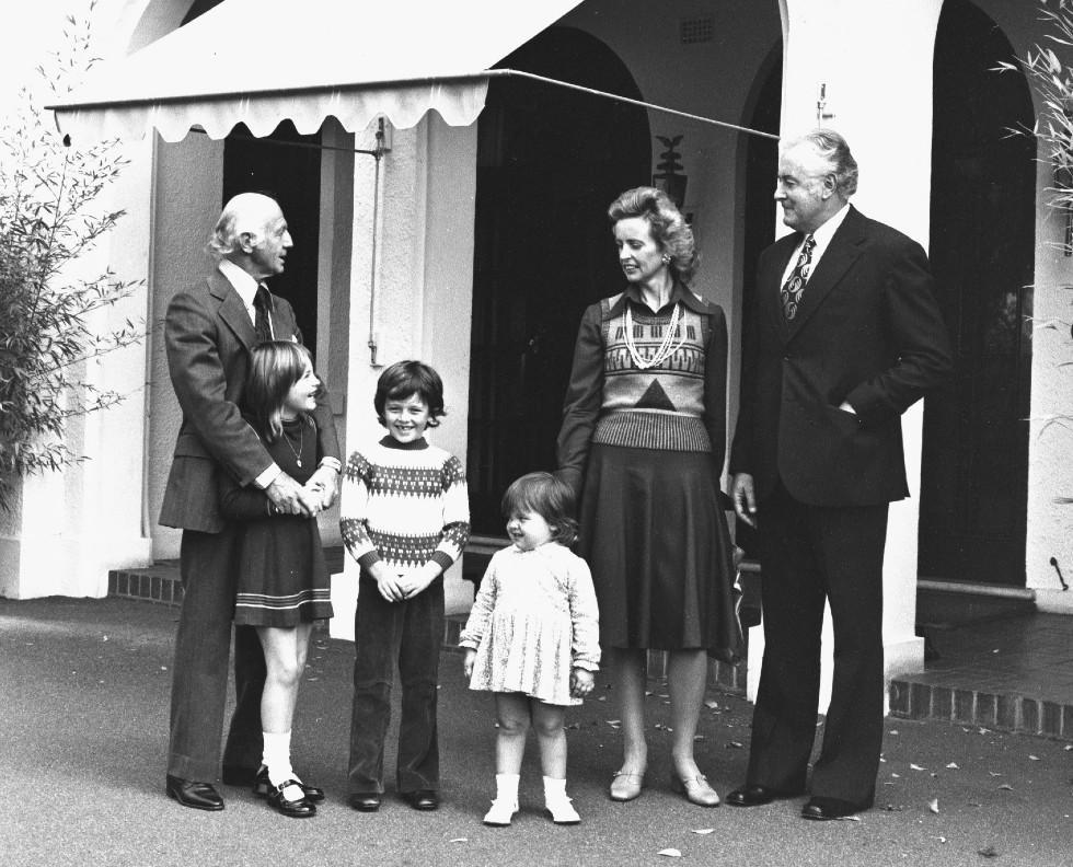 William and Sonia McMahon and their children Deborah, Julian and Melinda, with Gough Whitlam at The Lodge.