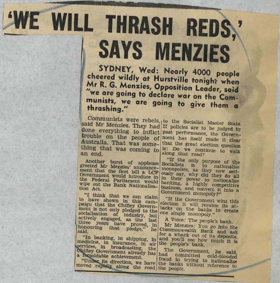 Newspaper clipping titled '"We will thrash reds," says Menzies.' 