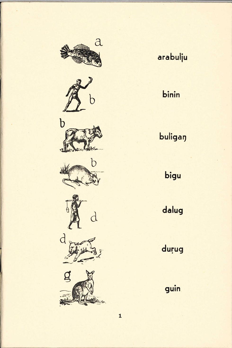 Page of a reading primer with typed words in the Gunwinggu language and black-and-white illustrations of people and animals.