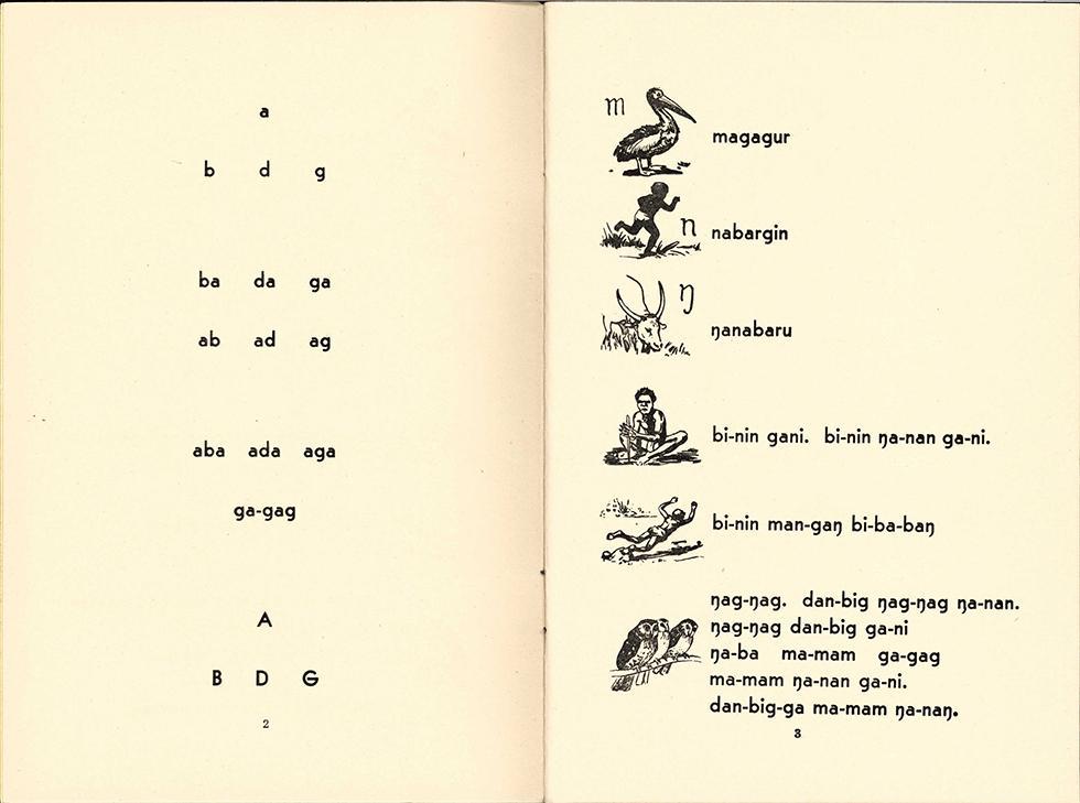 Double page spread with typed words in the Gunwinggu language and black-and-white illustrations of people and animals.