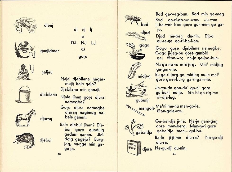 Double page spread with typed words in the Gunwinggu language and black-and-white illustrations of and animals and tools..