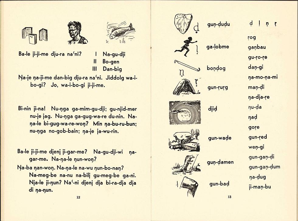 Double page spread with typed words in the Gunwinggu language and illustrations of people, animals and tools.