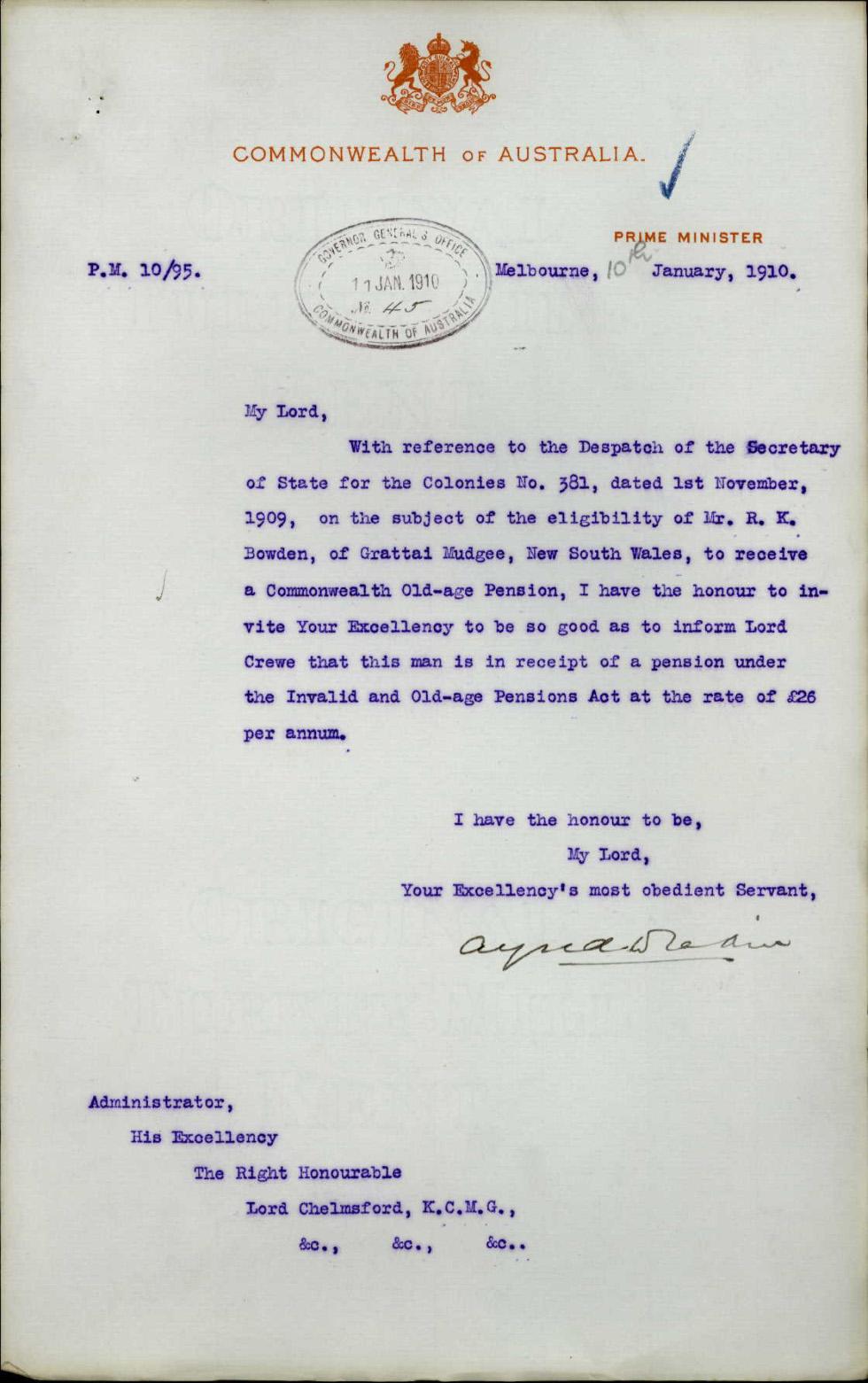 A reply letter has the British coat of arms, ‘Commonwealth of Australia’ and ‘Prime Minister’ in red letterhead at the top. It is signed ‘Alfred Deakin’ and dated ‘10th January 1910’. It is stamped ‘Governor-General’s Office Commonwealth of Australia 11 Jan 1910’.