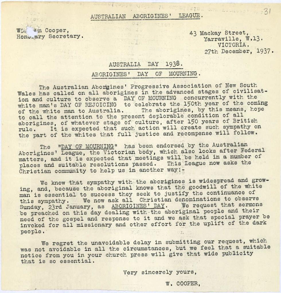 William Cooper's letter about a proposed Aboriginal Day of Mourning. 