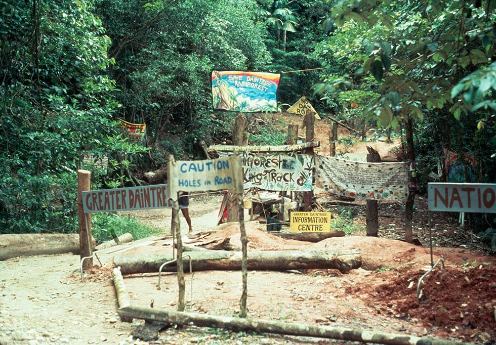 Protest signs erected near a walking trail at Daintree forest.