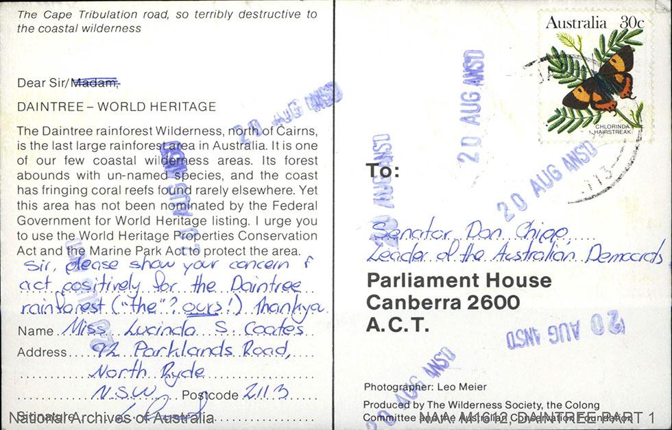 Reverse of postcard addressed to parliament house.