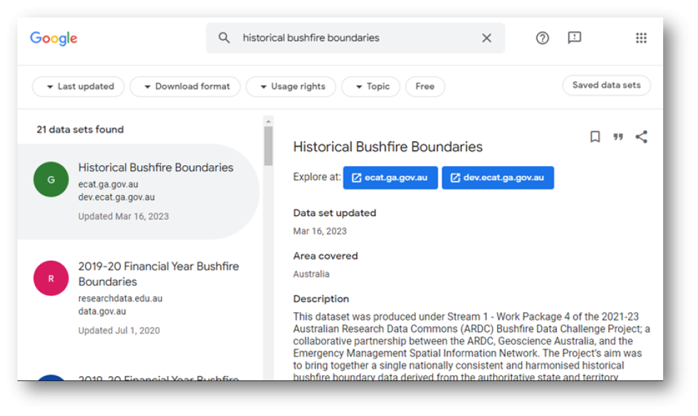 An image of how the Geoscience Australia record 'Historical Bushfire Boundaries" looks in Google Dataset Search. 