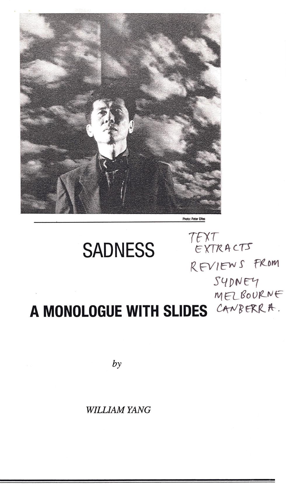 Photo of William Yang on the cover of Sadness, a monologue with slides.