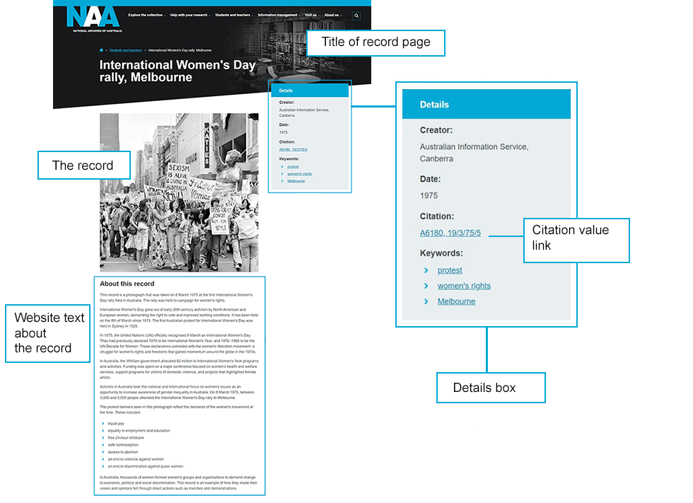 Learning resource record page identifying the record, website text about the record, the record webpage title, and the citation information. 