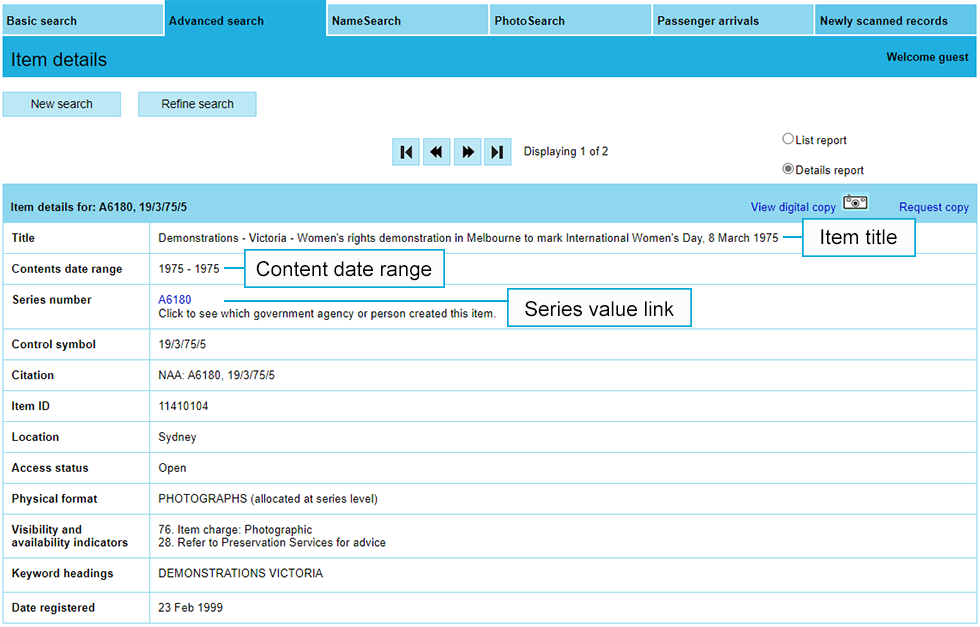 An example of an Item detail page on RecordSearch highlighting the Item title, Content date range and Series value link.