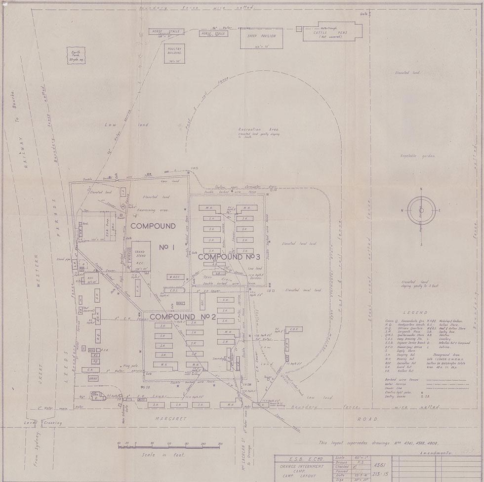 A plan drawing of Orange internment camp showing the arrangement of buildings.