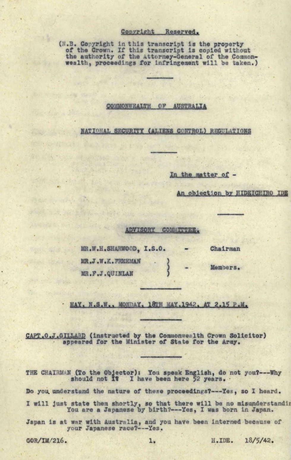 National security (aliens control) regulations in the matter of an objection by Hideicheiro Ide.