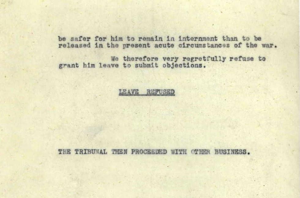 The tribunal decides it is safer for Hideichiro Ide to remain in internment and so leave from the camp is refused.