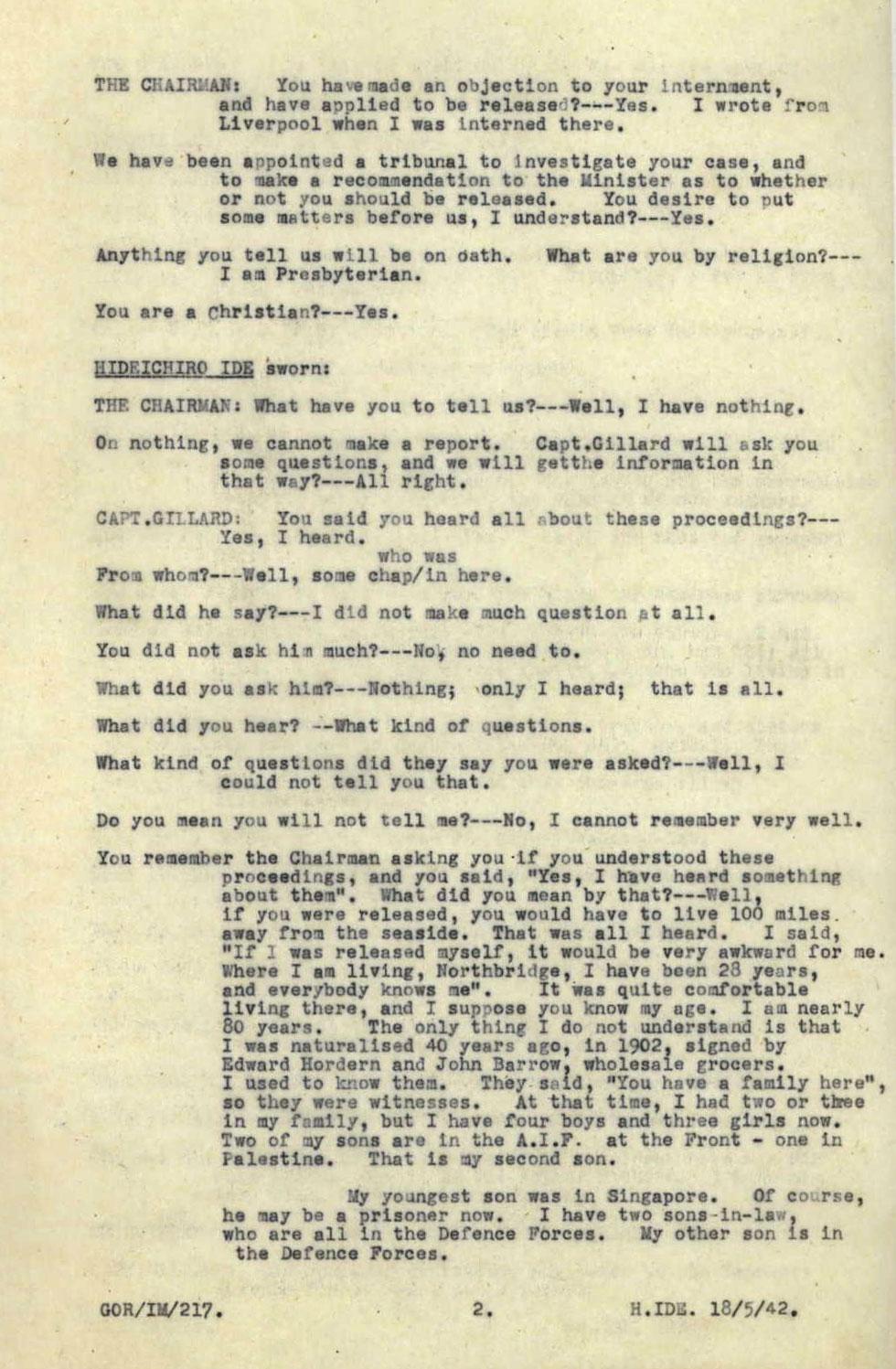 A report on the verbal interaction between the tribunal Chairman and Hideichiro Ide.