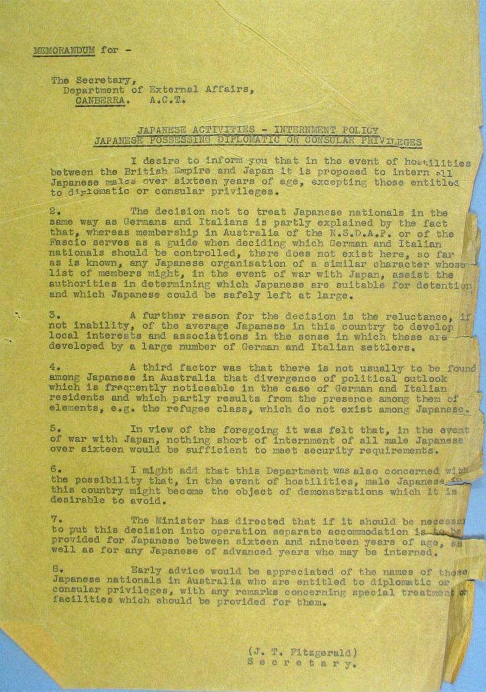 Memorandum for The Secretary of external affairs about Japanese activities – internment policy: Japanese possessing diplomatic or consular privileges.