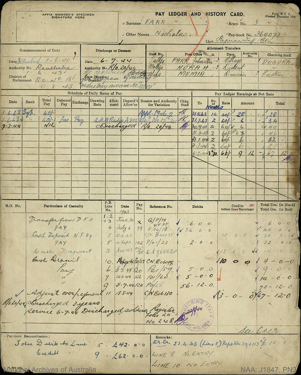 Pay ledger and history card for Sergeant Farr, 1944