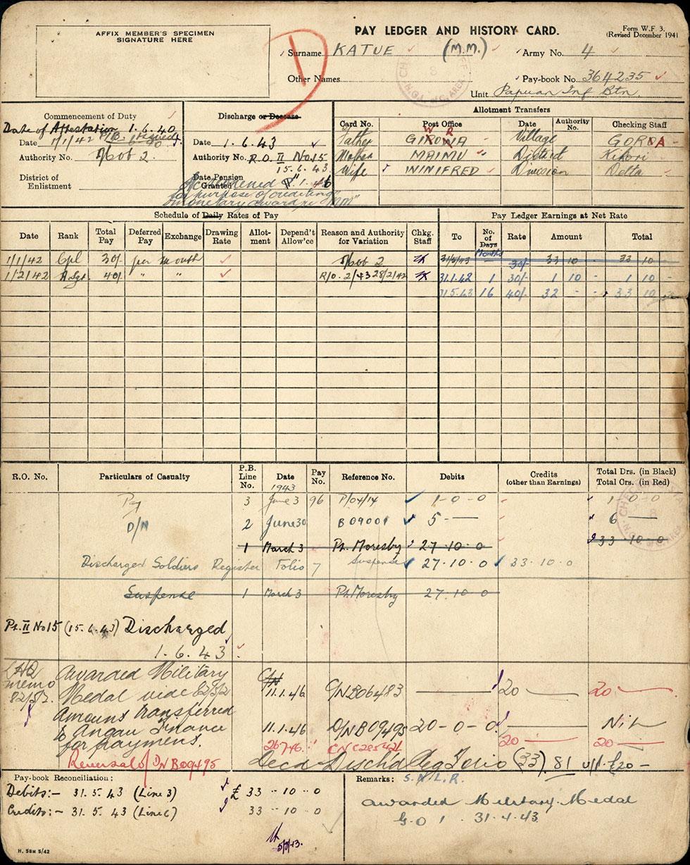 Pay ledger and history card for Sergeant Katue.