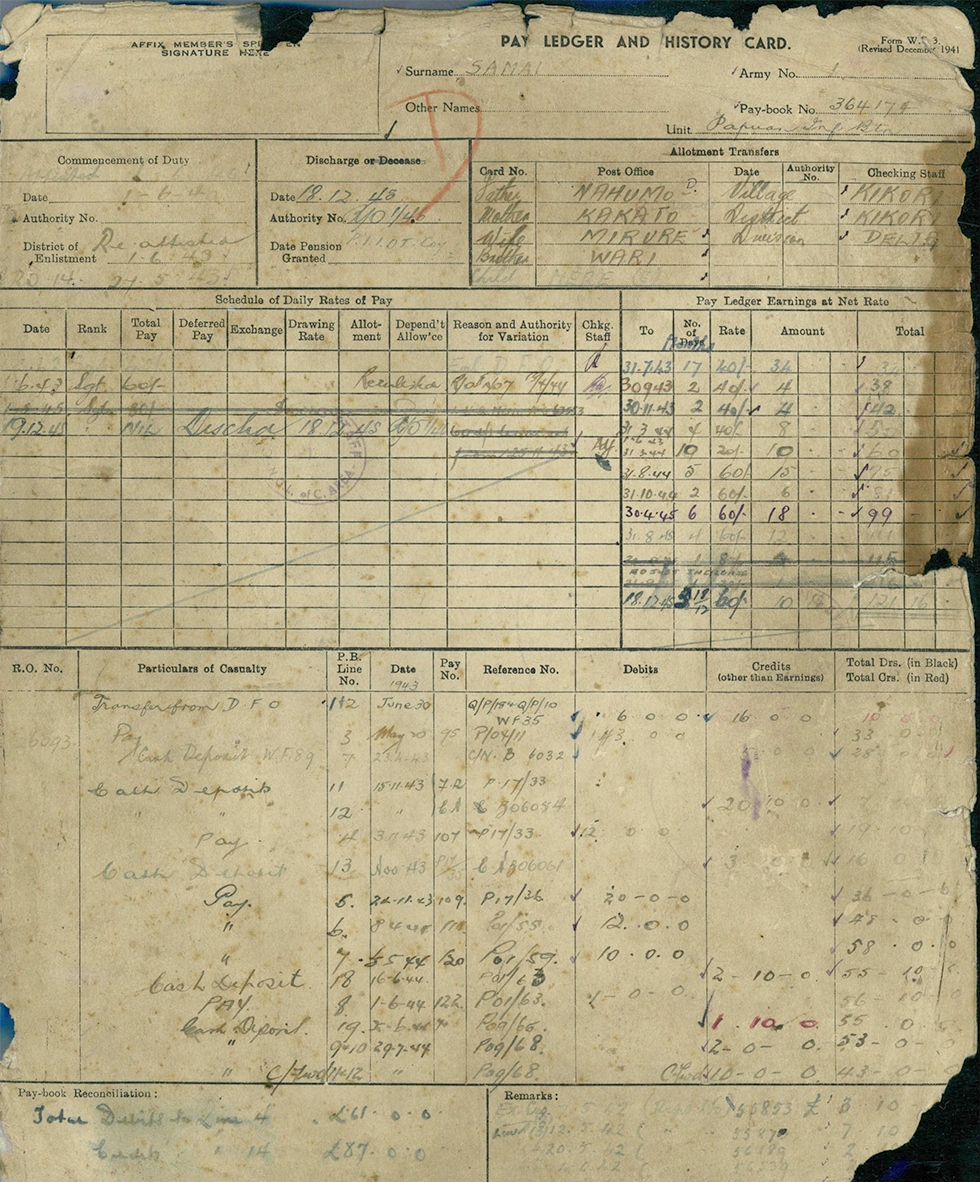 Pay ledger and history card for Sergeant Sami 1948