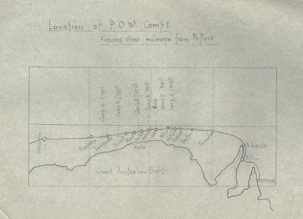 Hand drawn map showing 12 POW camps: Rawlinna, Loonganna, Forrest, Reid, Deakin, Cook, Fisher, Watson, Oodlea, Barton and Tarcoola.