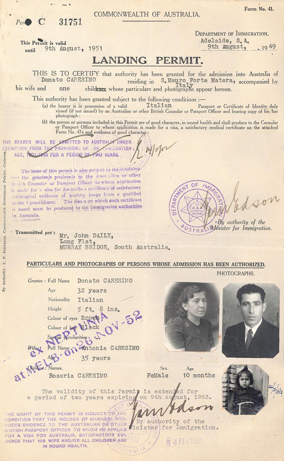 Landing permit with portrait photos for immigrants Donato, Antonia and Rosaria Caresimo from St Mauro Forte Matera Italy 9 August 1949.