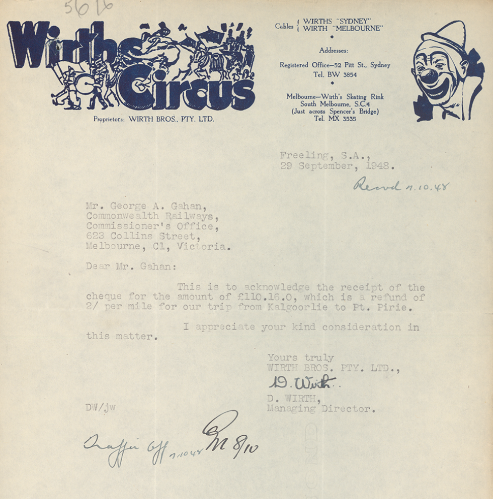 Wirths Circus letterhead with illustration of performers, an elephant and a clown.