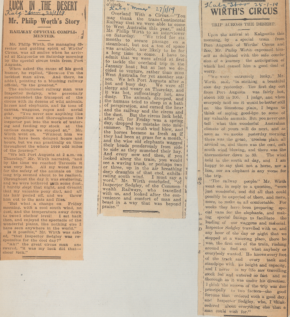 Newspaper clippings: 'Luck in the desert, Mr Philip Worth's Story, Railway official complimented', 'Wirth's Circus, Trip across the desert.