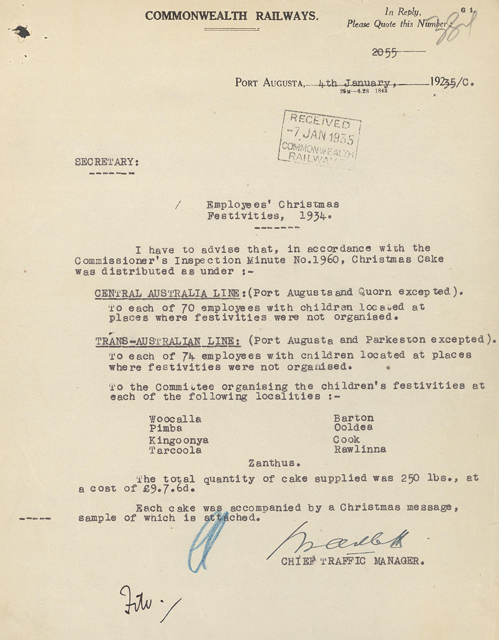 Distribution of Christmas cake at localities along Central and Trans-Australian line.