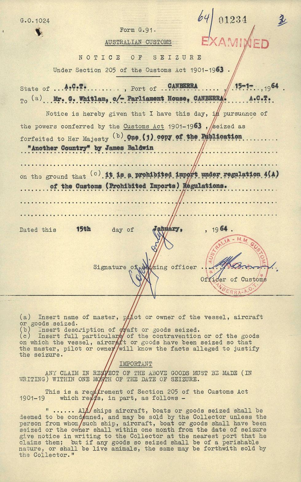 Notice of seizure from customs for prohibited import