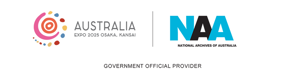 Graphic Australia Expo 2025 Osaka. Kansai. National Archives logo. Government official supplier.