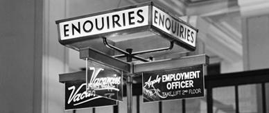 GPO [General Post Office] vacancy sign, main hall, 1956.