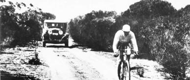 Sportsman and politician Hubert Opperman cycling across Australia.