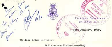 A typed letter addressed to 'My dear Prime Minister', 12 Jan 1970 from Joh Bjelke-Petersen. 