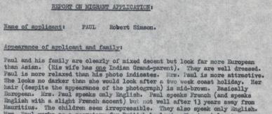 Typed report on application of migrant Paul Robert Simson.