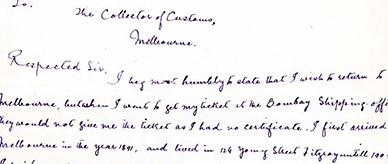 Letter to the Collector of Customs, Melbourne.