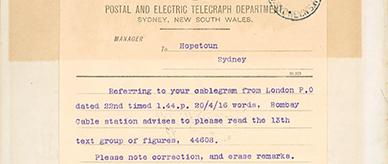 Telegram sent to Australia's Governor-General Designate querying the selection of Australia's first prime minister.