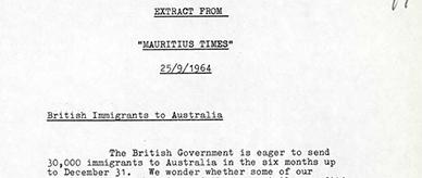 Extract of newspaper article in Mauritius Times on British Immigrants being sent to Australia.