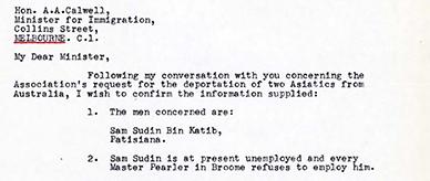 Letter to Arthur Calwell, Minister for Immigration, regarding deportation of Muslim pearl divers.