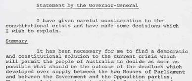 Governor-General Sir John Kerr's statement of events regarding the dismissal of the Whitlam government.