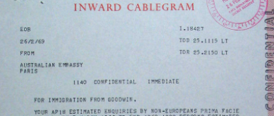 Department of External Affairs inward cablegram: reply to a query about ineligible non-Europeans.