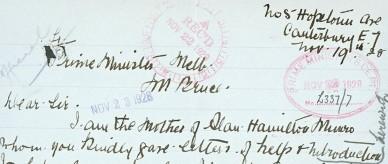 Letter to the Prime Minister from Annie Munro regarding the graves of her soldier sons.