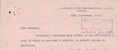 Letter concerning Captain Albert Jacka.