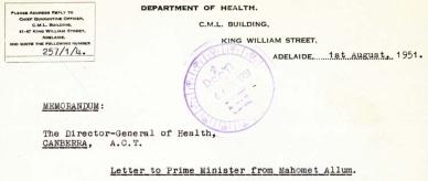 Typed letter to the Director General of Health about Mahomet Allum.