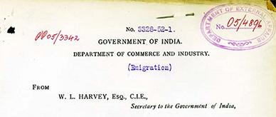 Purple type on Government of India Department of Commerce and Industry template: letter to the Secretary of the Department of External Affairs.