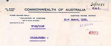 Memorandum to the Collector of Customs, South Australia, with annotations.