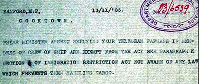 A telegram regarding the exemption of Papuan ship crew from the Immigration Restriction Act.