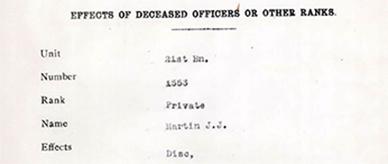 List of personal effects of deceased officer, Private J.J Martin, Australian Imperial Force.