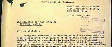 Copy of a letter to the Minister for the Interior to consider altering the White Australia policy.