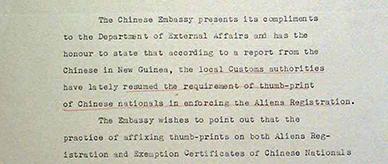 A request from the Chinese embassy to stop thumbprinting Chinese nationals in New Guinea.