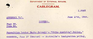 Cablegram about Menzies' speech on the wartime refugee removal bill.