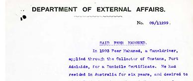 Memorandum on application for domicile certificate by Said Peer Mahomed.